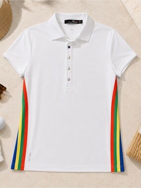 NWOT | RLX Ralph Lauren White Rainbow Stripe Snap Polo | Women’s L Fits M